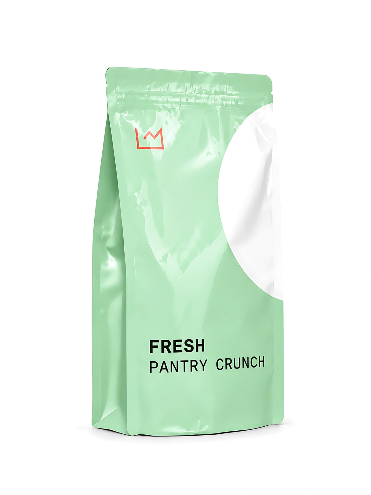 Same Fresh mint Pantry Crunch pouch in a distinct physical-left three-quarter view on pure-white seamless studio; rawPNG and WebP95 native1536x2048 inspected, crown/crescent/material/exact label preserved, no certification text or props.