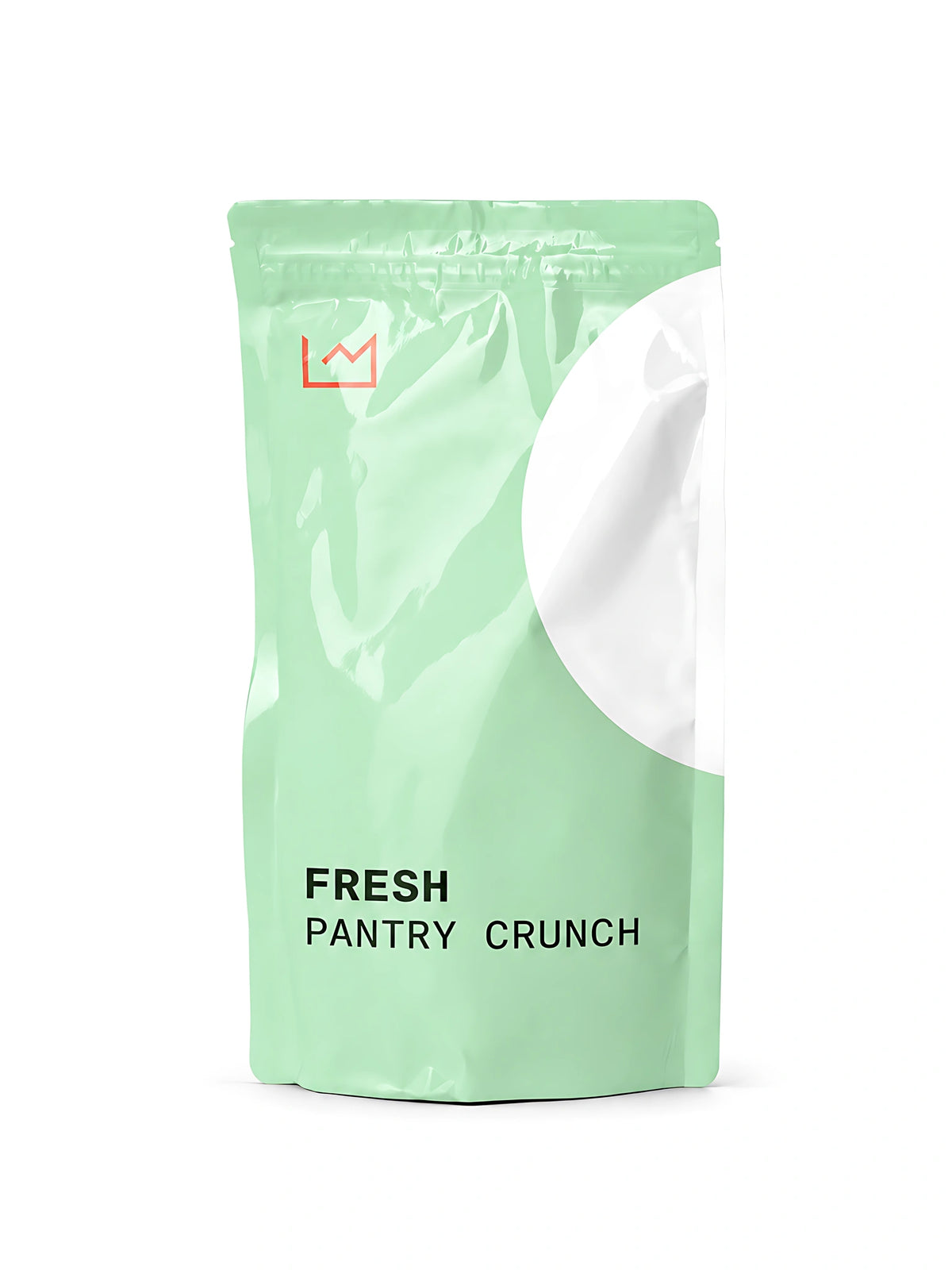 Fresh mint Pantry Crunch pouch on pure-white seamless studio. RawPNG and WebP95 delivery1536x2048 inspected; exact pouch/crescent/coral crown retained, all former diet/certification text removed, no props.
