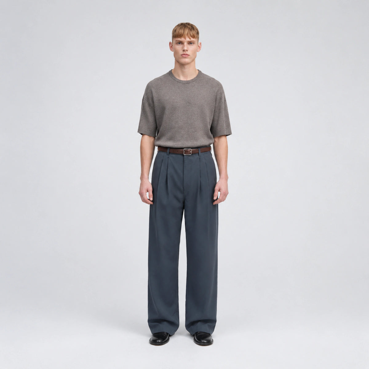 Mercer Pleat Trousers in Slate Blue, front view