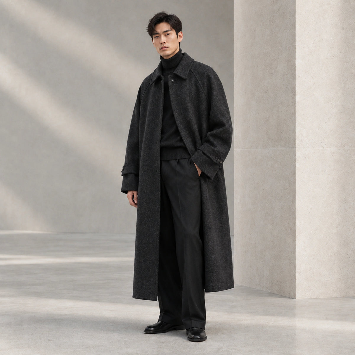 Northline Wool Coat in Charcoal, open three-quarter view