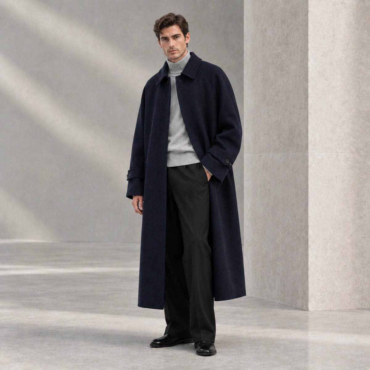Northline Wool Coat in Midnight Navy, open three-quarter view