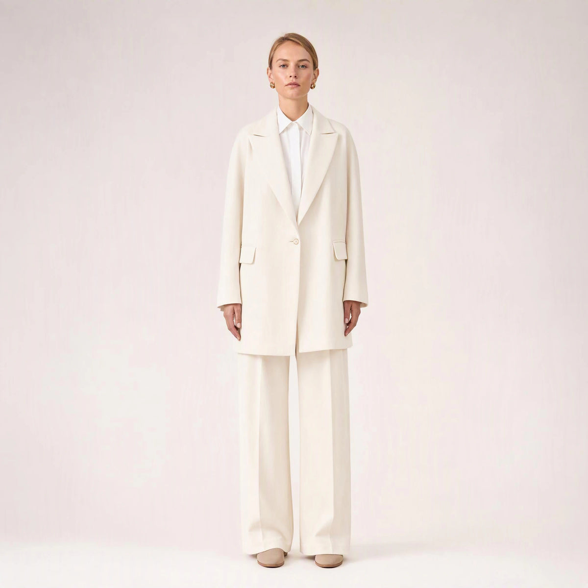 Solenne Longline Blazer in Bone, fastened front view
