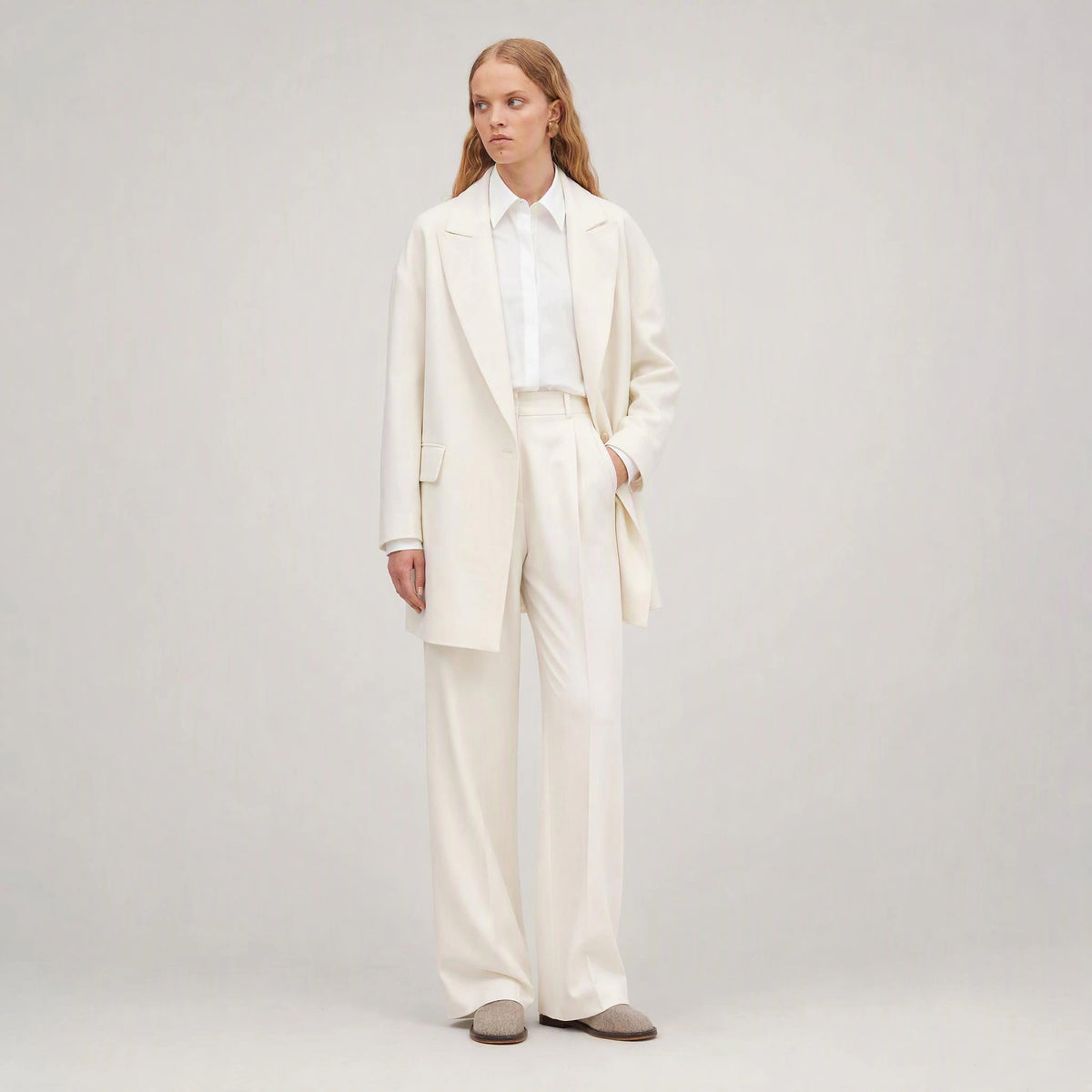 Solenne Longline Blazer in Bone, open three-quarter view